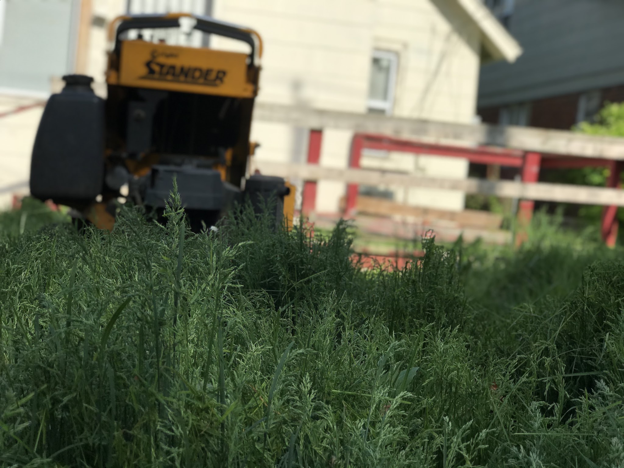 Stand-on mower parked in long grass before a cut